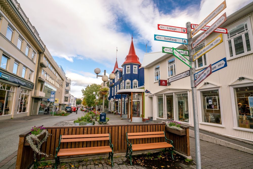 The center of Akureyri, capital of the North in Iceland.