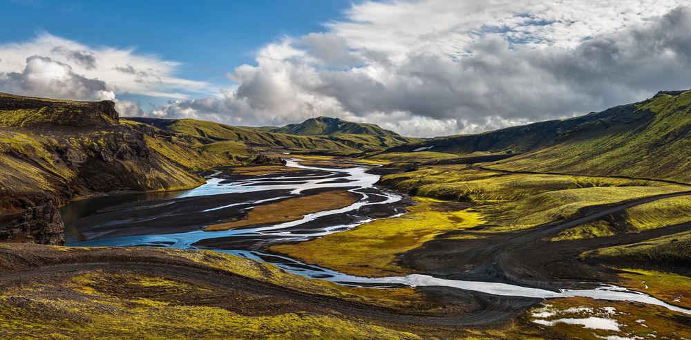 Highland valley with braided river and volcanic landscape in Iceland