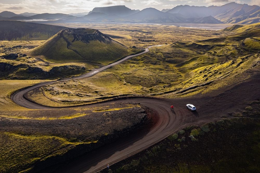 Aerial view of winding mountain road in Iceland’s Highlands