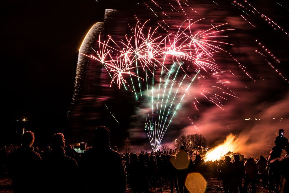 The New Year is celebrated with bonfires and fireworks in Iceland. 