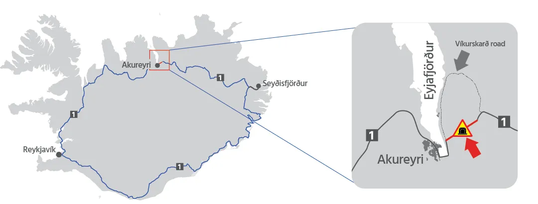 Icelandic map showing the location of Víkurskarð road tunnel detour near Akureyri.